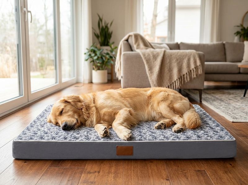 Senior German Shepherd sleeping on the rose-plush orthopedic mat
