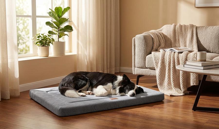 Crate Pad inside a metal kennel on a hardwood floor