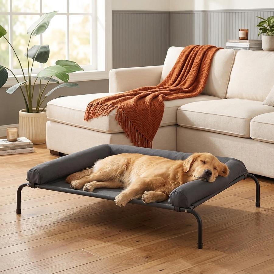 Pitbull lying on an elevated Teslin mesh cot on a shaded patio